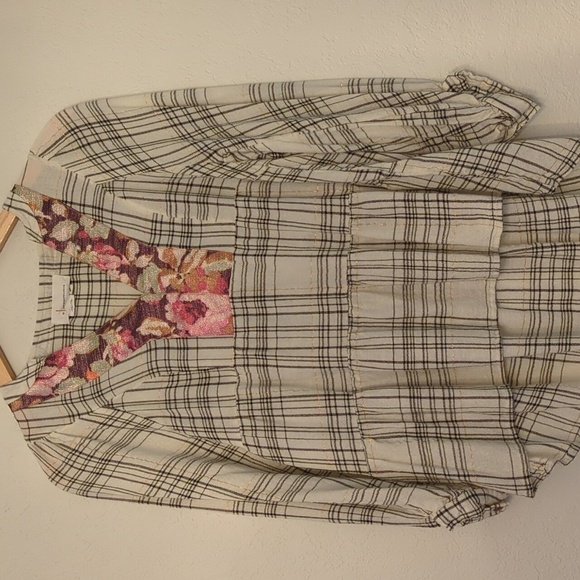 Anthropology Darlene Boho Metallic Thread Plaid Floral V Neckline Tiered Tunic - Picture 4 of 9